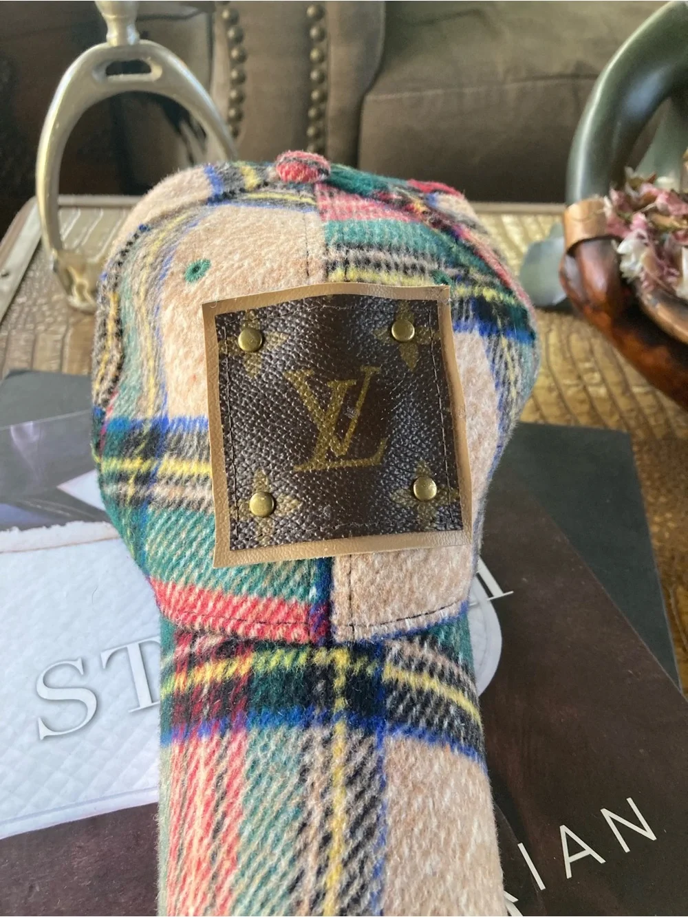 Louis Vuitton Plaid Wool Cap with Patch Logo